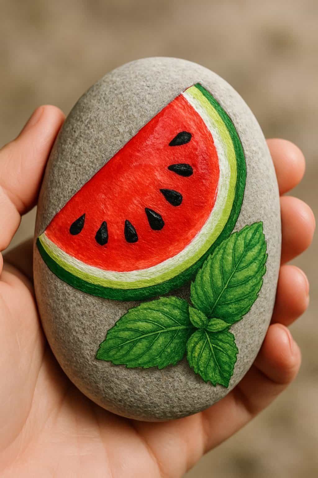 A hand holding a smooth river rock painted with a watermelon slice and a mint leaf.