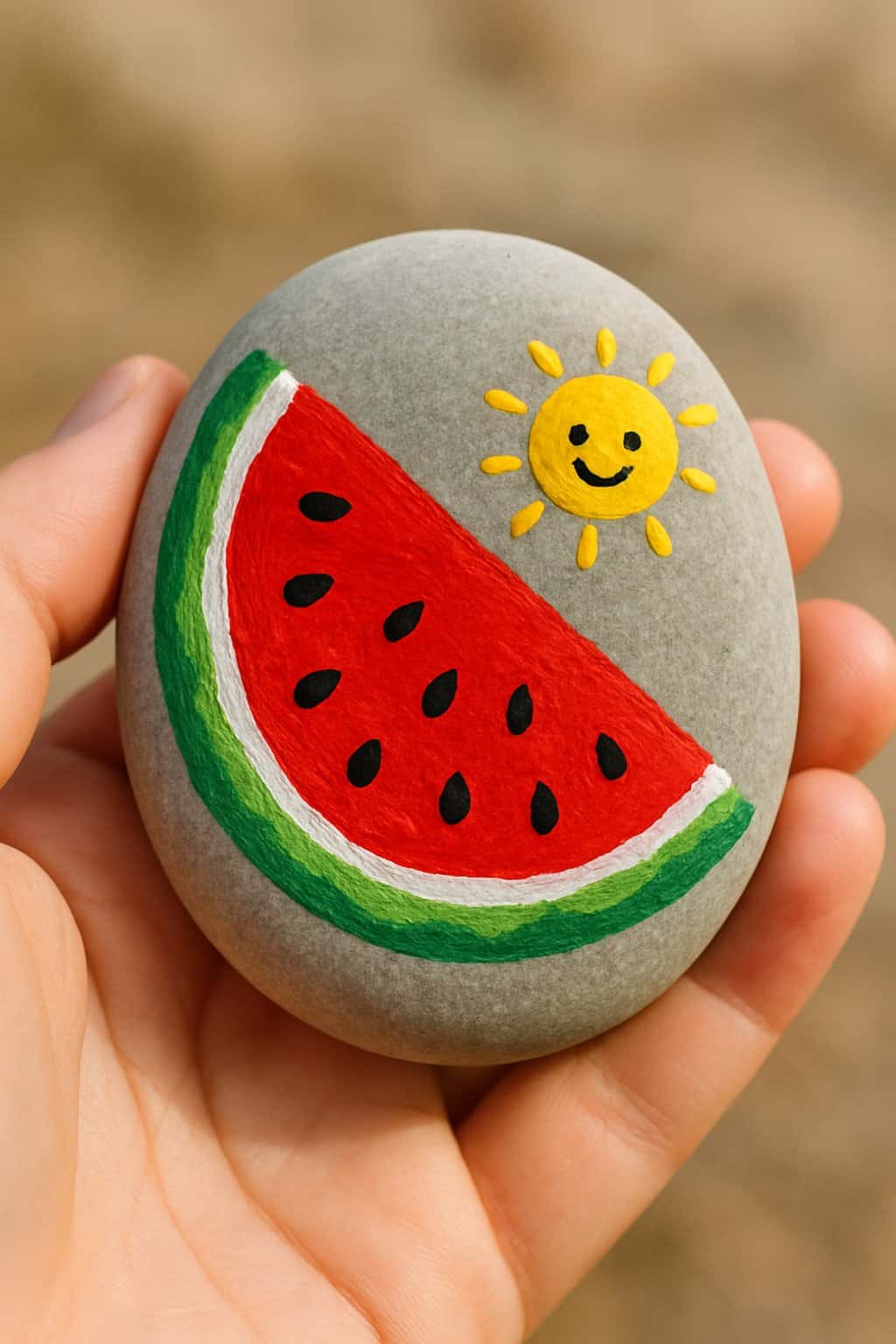 A hand holding a smooth river rock painted with a watermelon and a smiling sun.