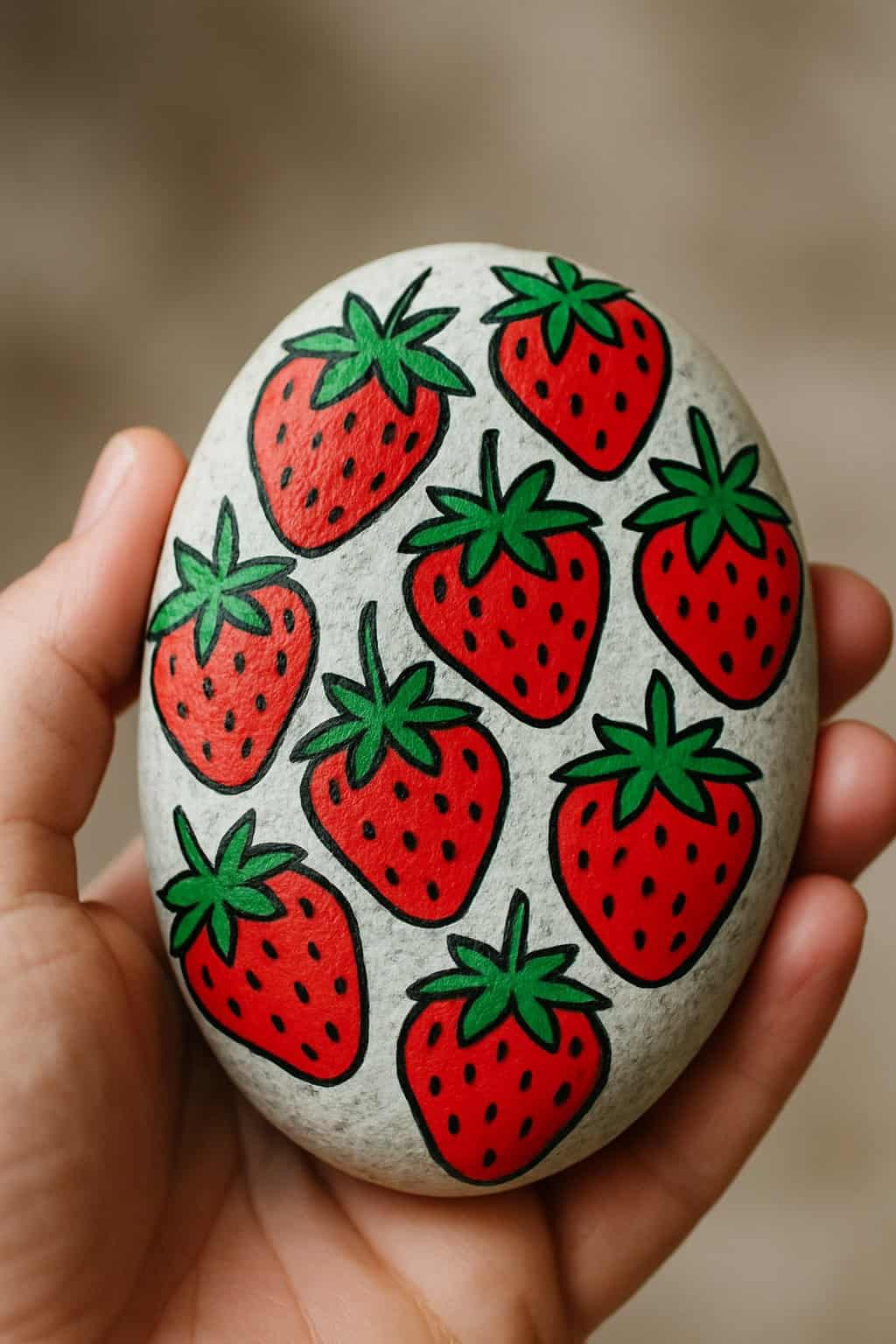 A hand holding a smooth river rock painted with multiple strawberries outlined in black.