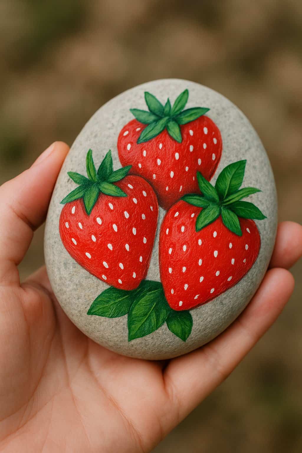 A hand holding a smooth river rock painted with red strawberries and green leaves, with small white dots on the berries.