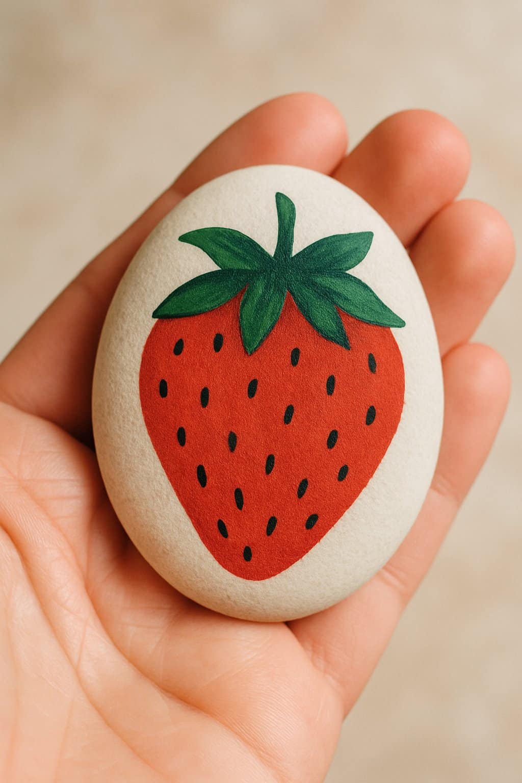 A hand holding a smooth river rock painted with a simple strawberry-inspired design.