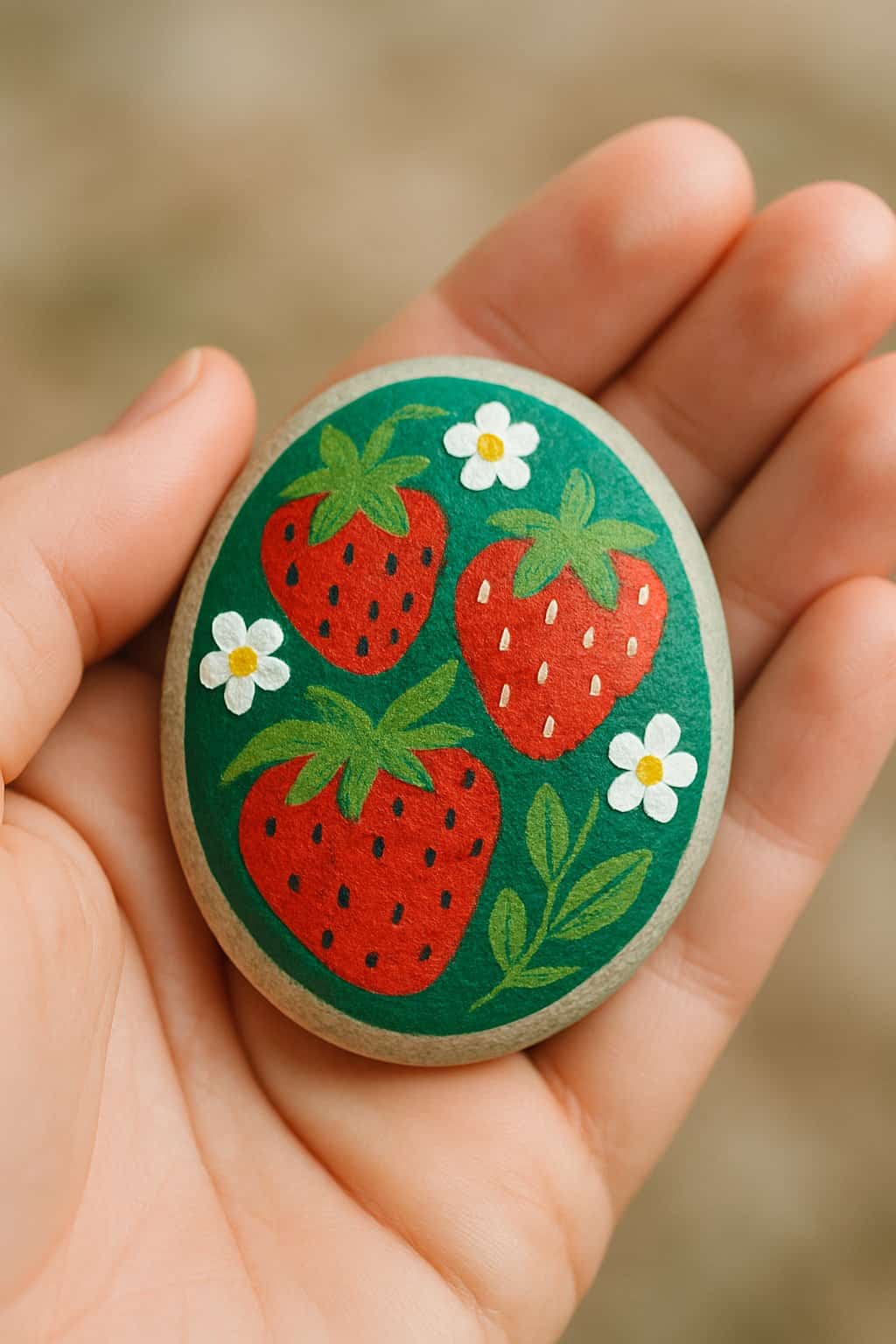 A hand holding a smooth river rock painted with a strawberry design.