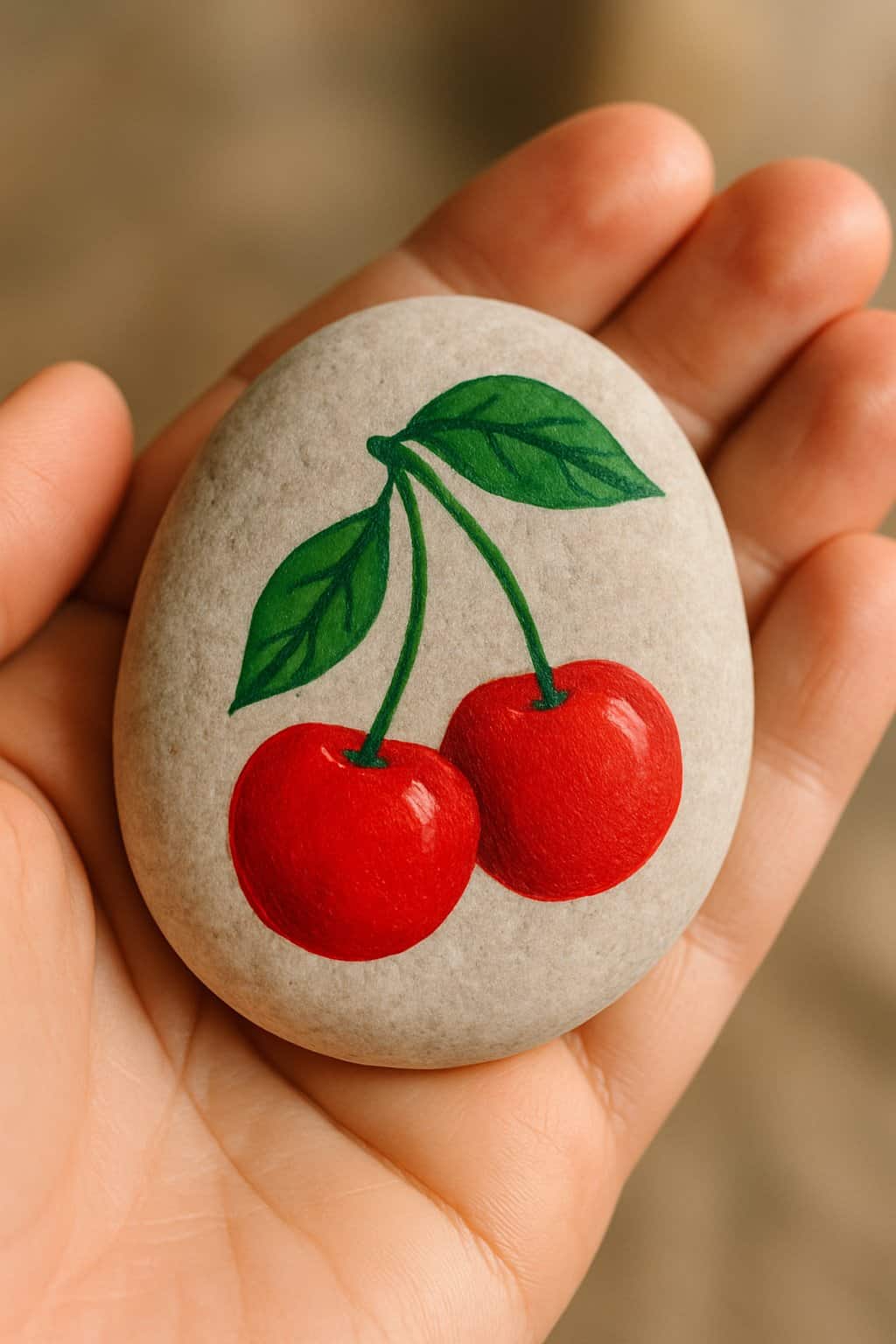 A hand holding a smooth river rock painted with a pair of red cherries and green leaves.