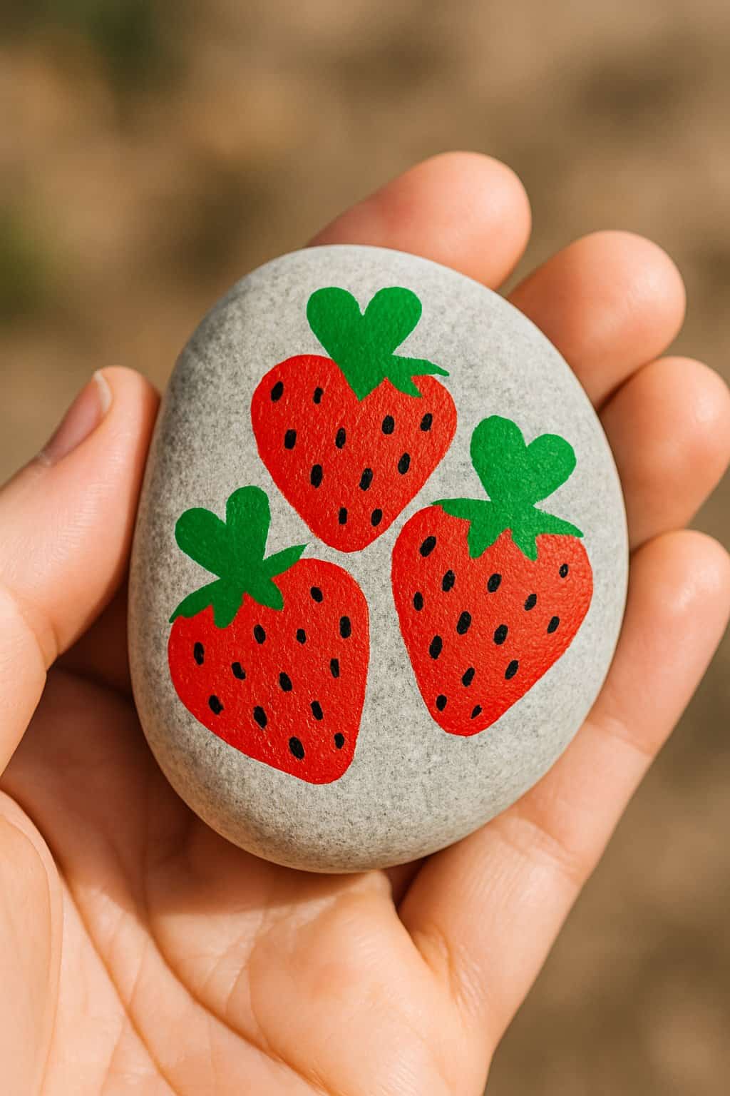 A hand holding a smooth river rock painted with red strawberries and heart-shaped green leaves.