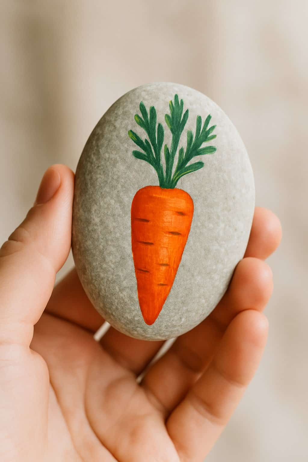 A hand holding a smooth river rock painted with an orange carrot and green leaves.