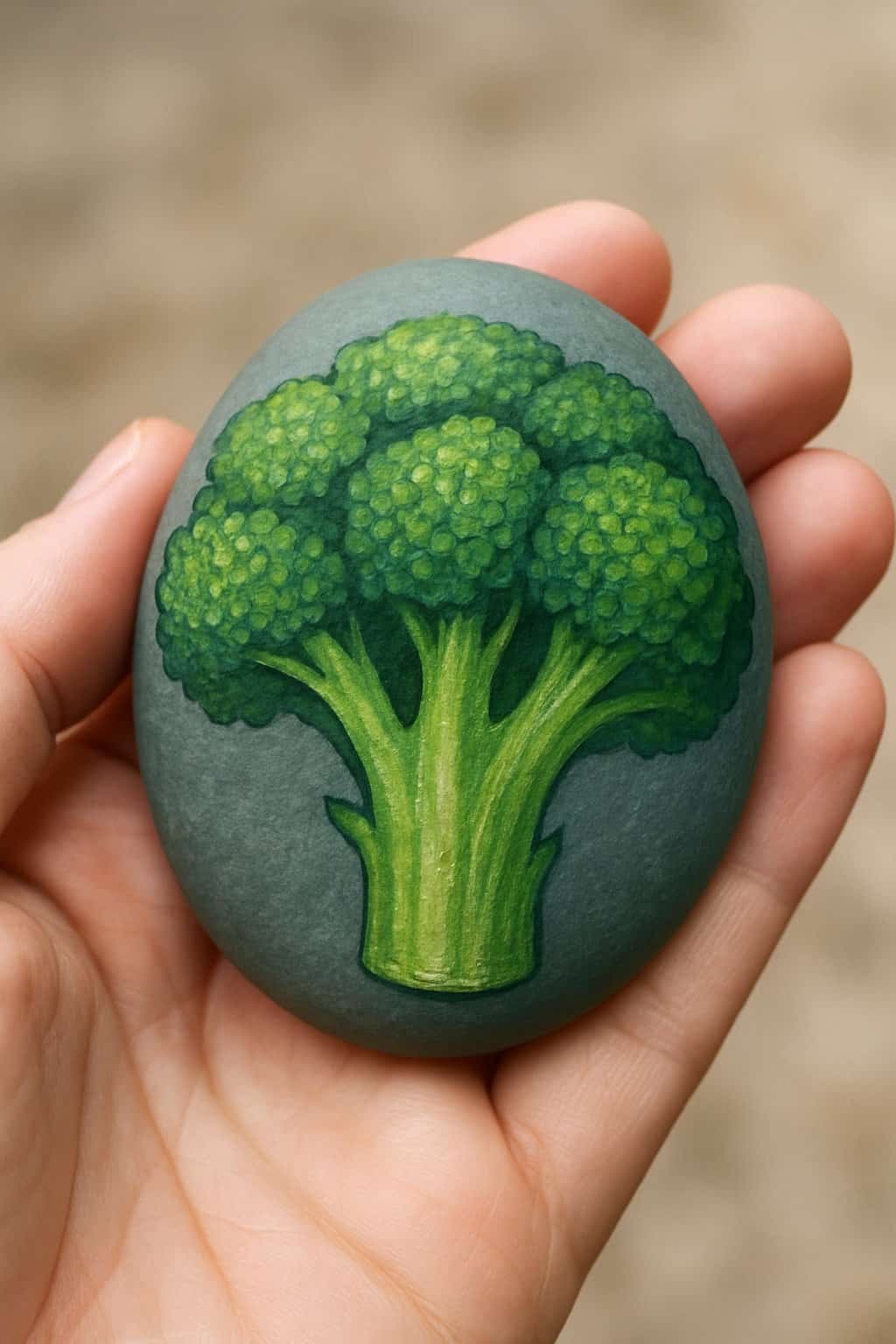 A hand holding a smooth river rock painted to look like a broccoli floret.
