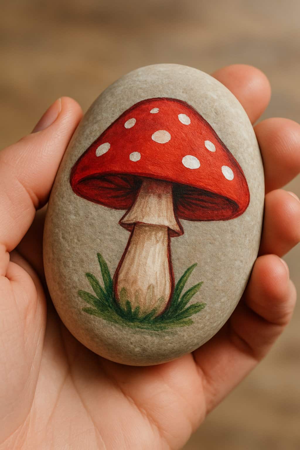 A hand holding a smooth river rock painted with a colorful mushroom design.