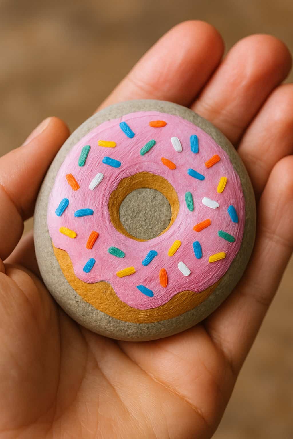 A hand holding a smooth river rock painted with a colorful donut design.