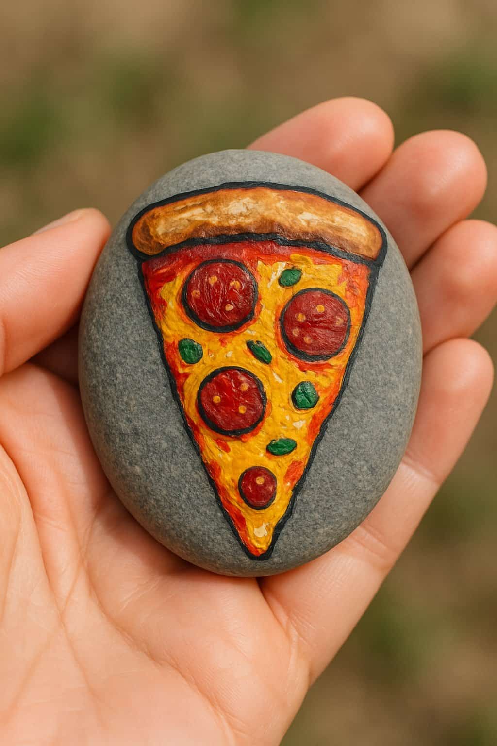 A hand holding a smooth rock painted with a colorful pizza slice.