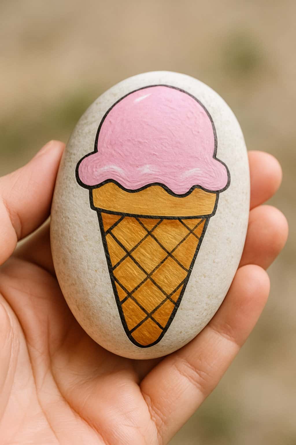 A hand holding a smooth river rock painted to look like an ice cream cone.