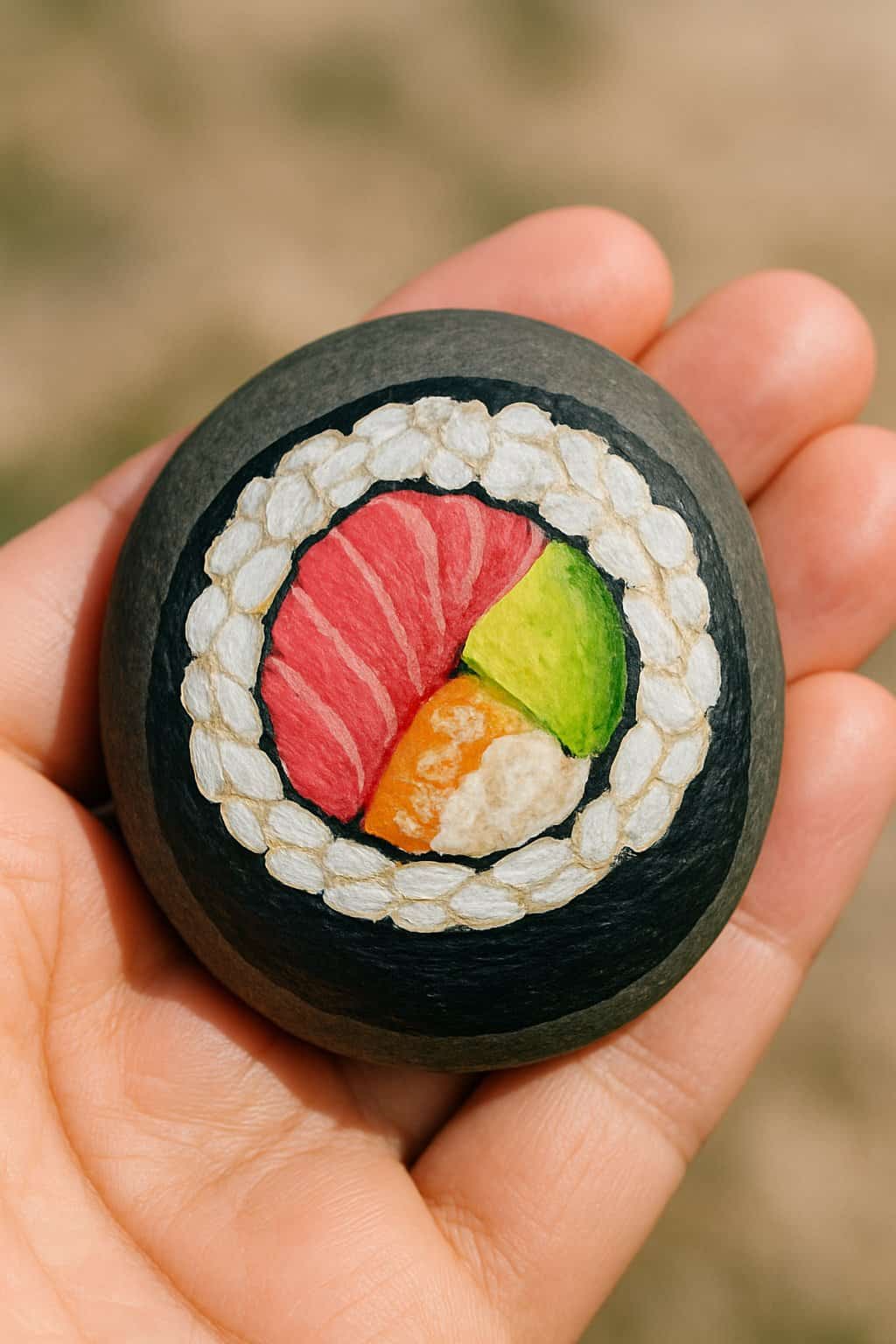 A hand holding a smooth river rock painted with a colorful sushi roll design.