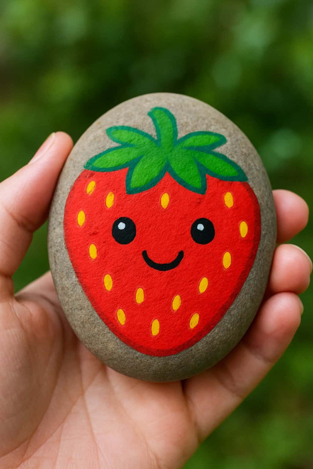 A hand holding a smooth river rock painted with a smiling strawberry design outdoors.