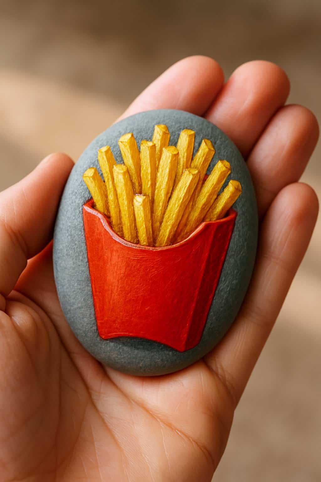A hand holding a smooth river rock painted with an image of French fries in a red container.