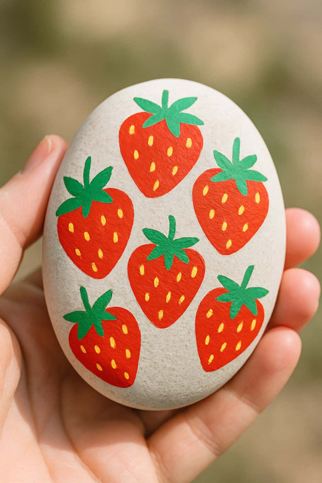 A hand holding a smooth river rock painted with red strawberries and green leaves.
