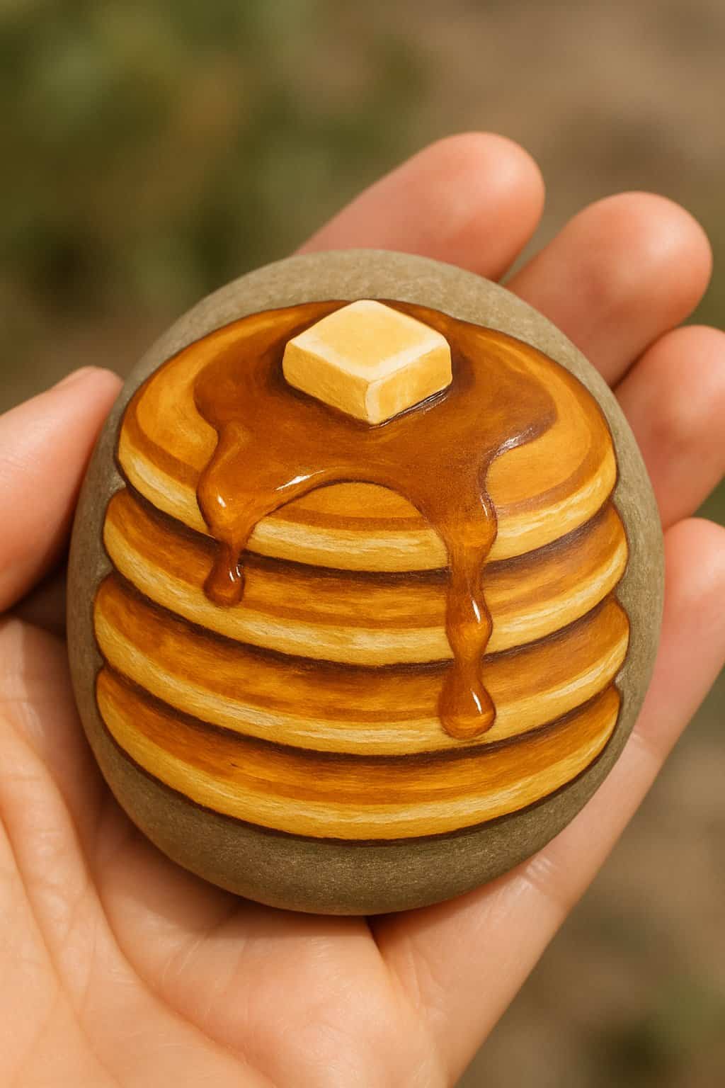 A hand holding a smooth river rock painted to look like a stack of pancakes.