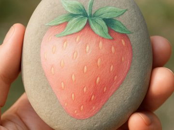 A hand holds a smooth, oval stone painted with a realistic strawberry, including green leaves and yellow seeds, against a blurred outdoor background.