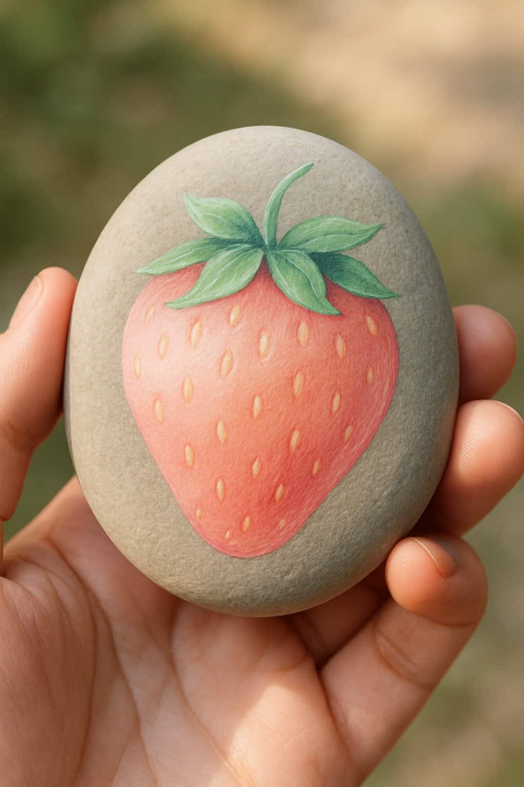 A hand holding a smooth river rock painted with a pastel-colored strawberry design.
