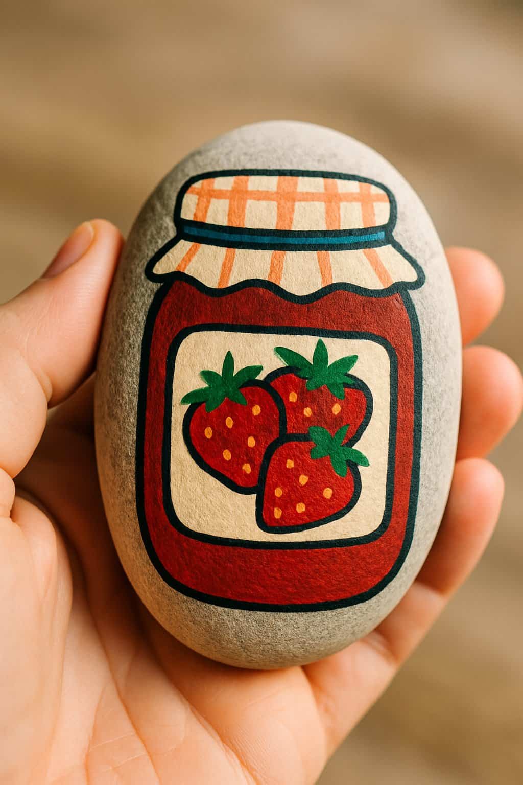 A hand holding a smooth river rock painted with a colorful food-themed design.