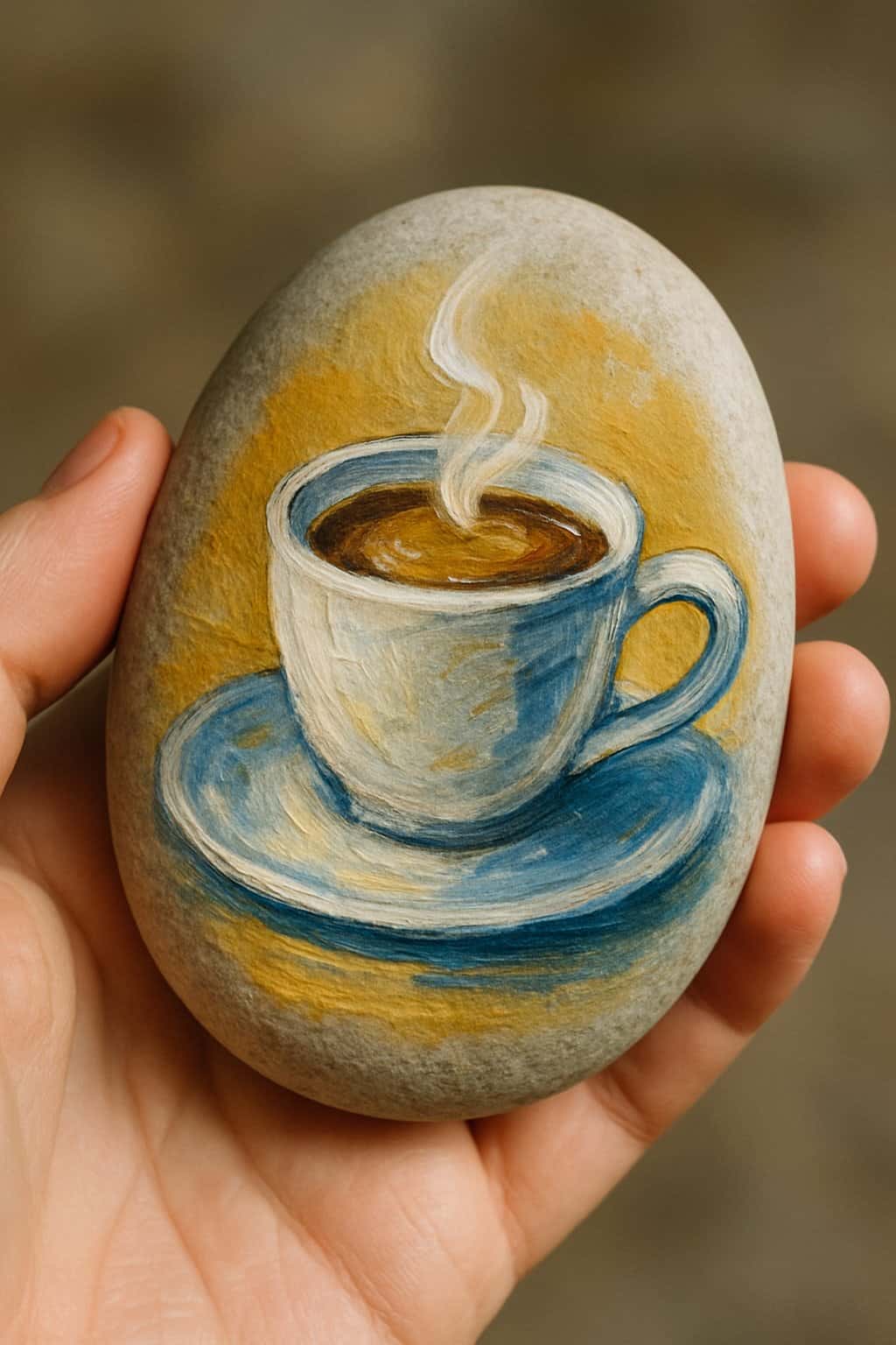 A hand holding a smooth river rock painted with a coffee cup design.