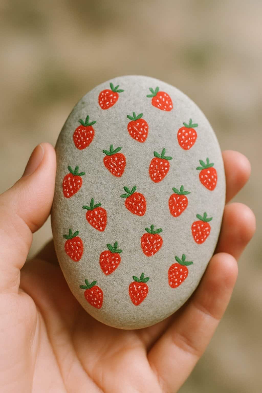 A hand holding a smooth river rock painted with small strawberries.
