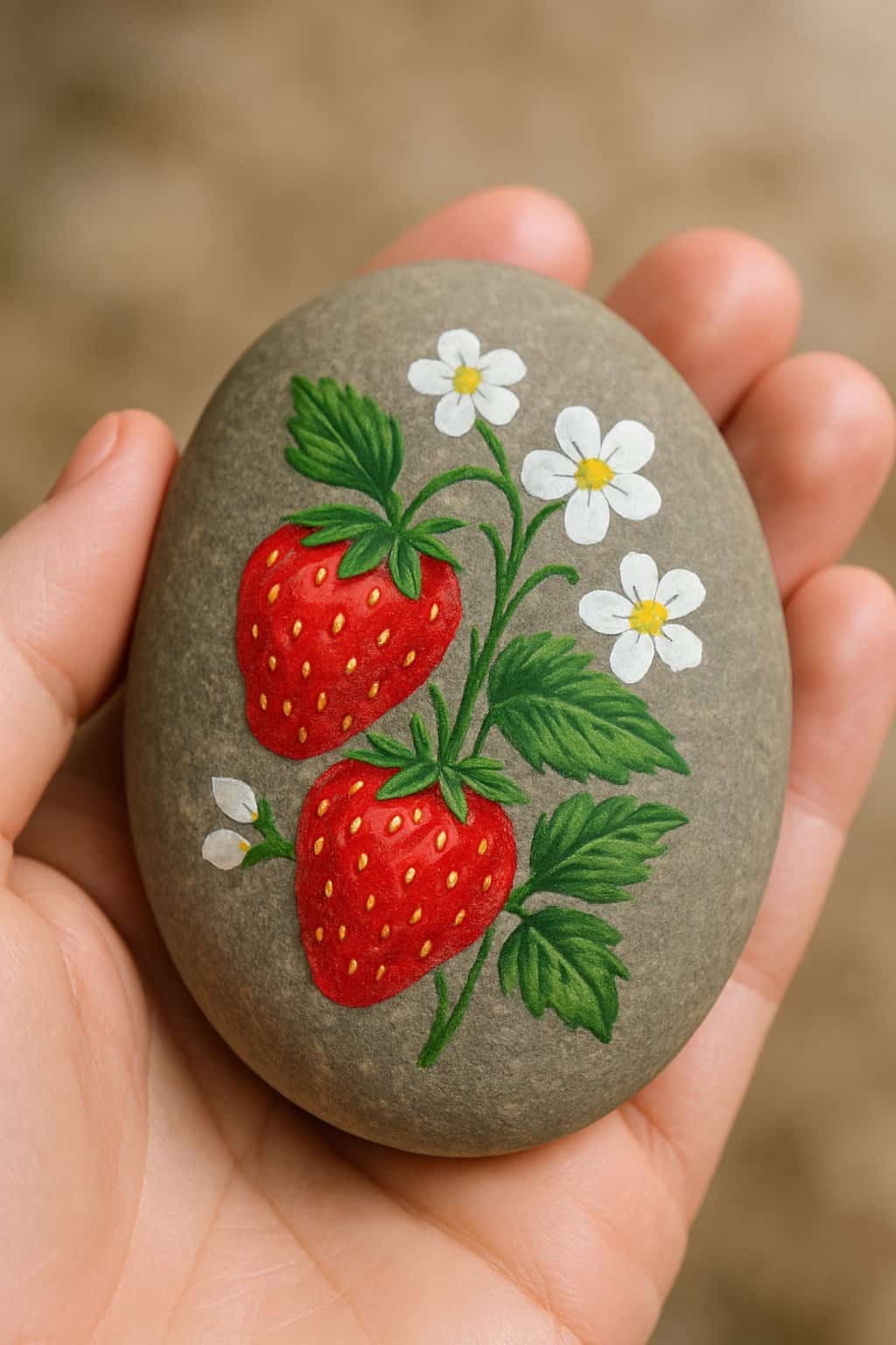 A hand holding a smooth river rock painted with white blossoms and red strawberries.