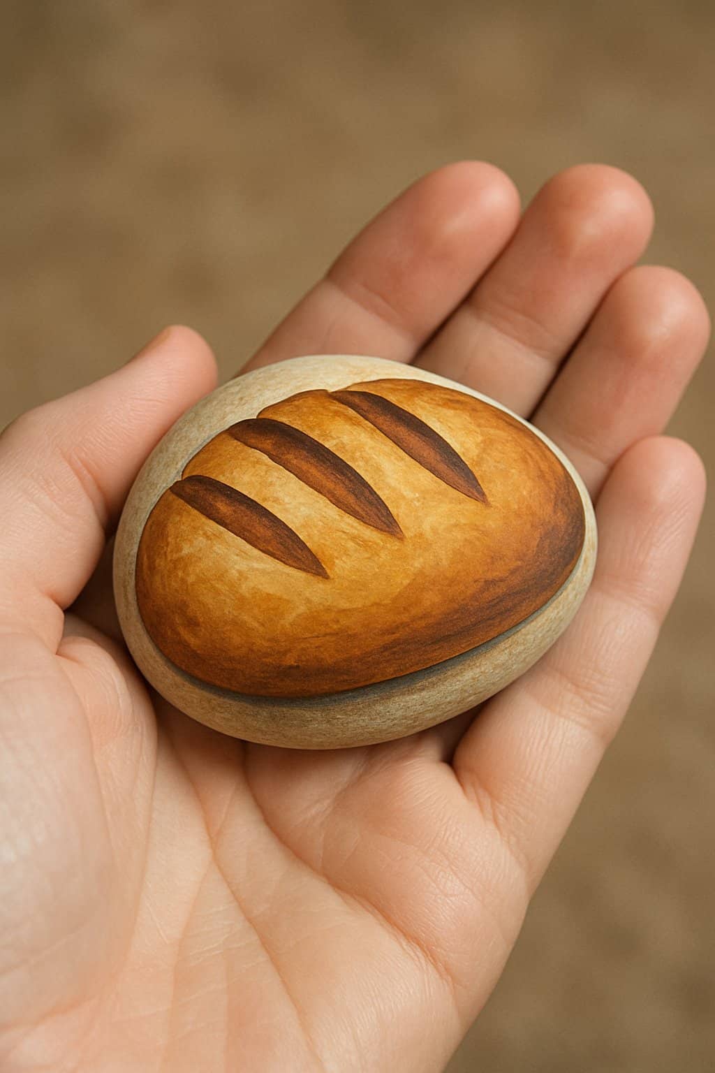 A hand holding a smooth river rock painted to look like a bread loaf.
