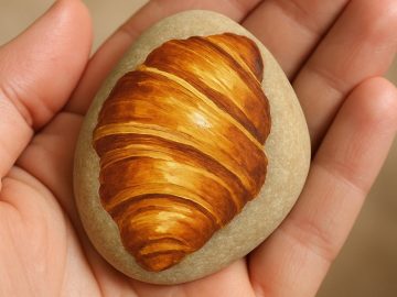 A hand holds a smooth stone painted to look like a realistic golden-brown croissant, blending the textures of bread and rock.