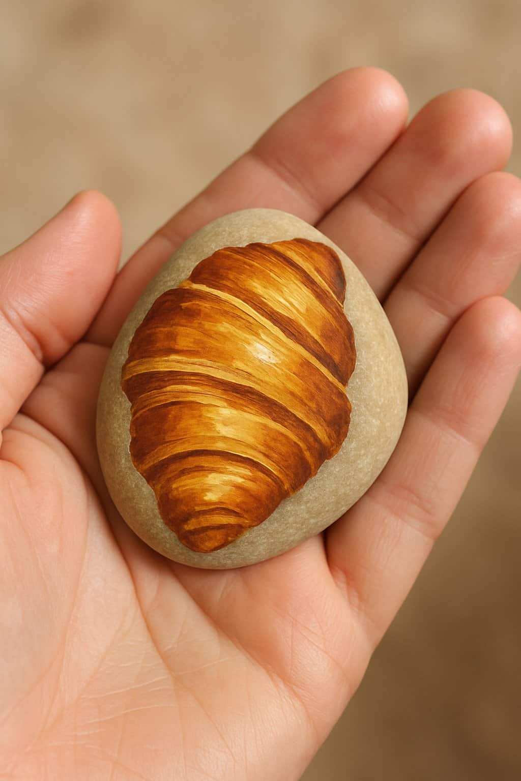 A hand holding a smooth river rock painted to look like a croissant.