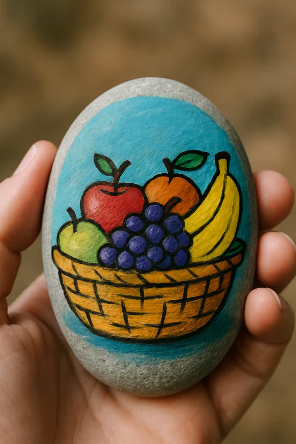 A hand holding a smooth river rock painted with colorful fruit designs.