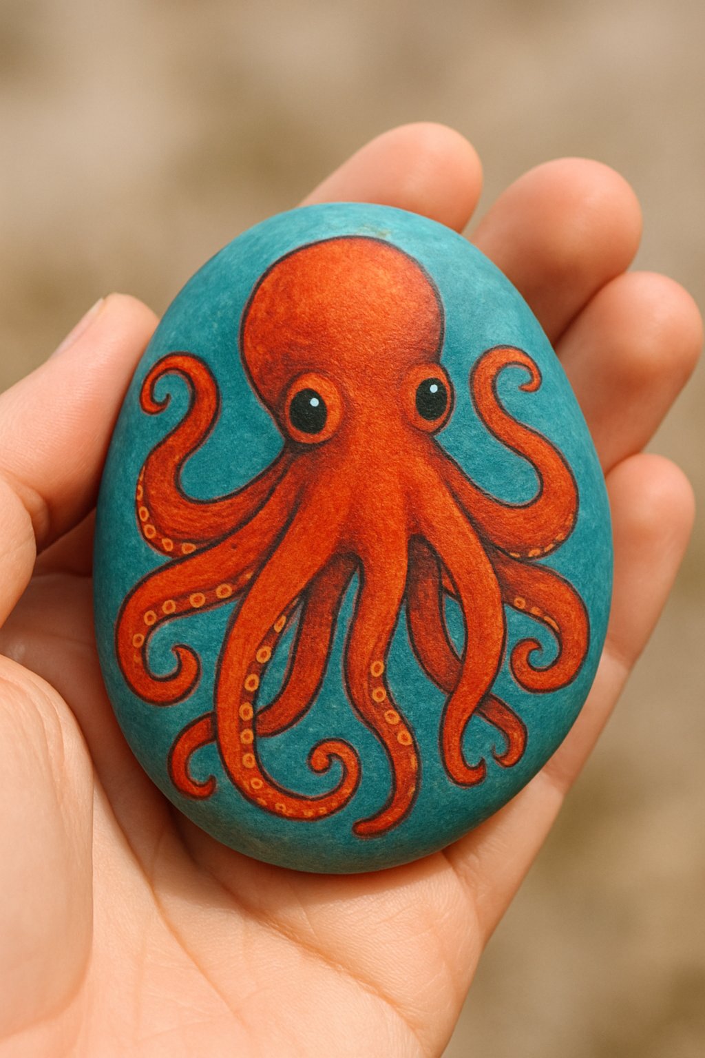 A hand holding a smooth painted rock with a colorful octopus design.