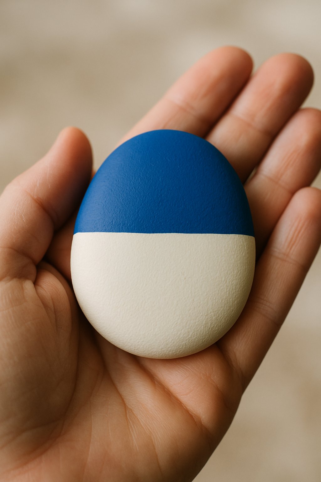 A hand holding a small smooth river rock painted with two horizontal stripes.