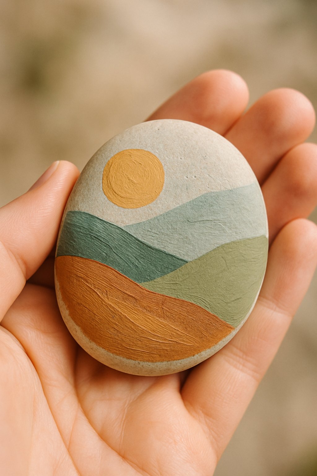 A hand holding a smooth painted river rock with a simple design.