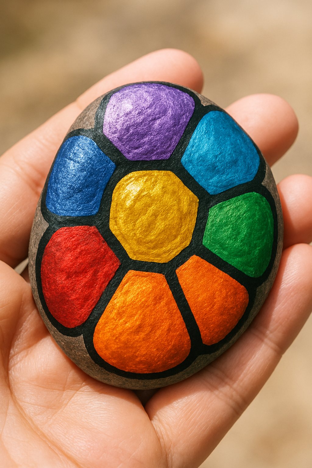 A hand holding a smooth river rock painted with colorful metallic designs inspired by the Infinity Stones.
