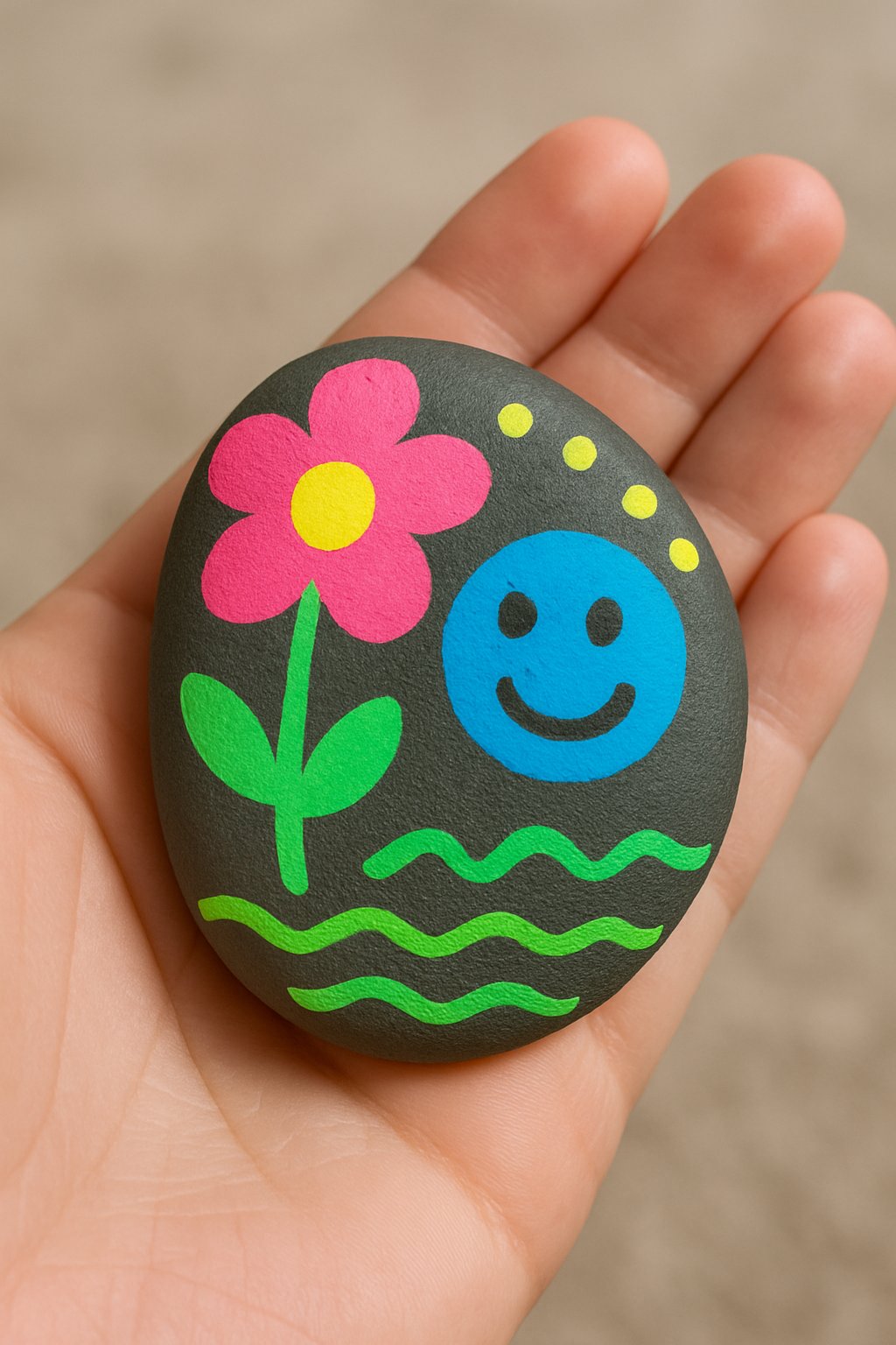 A hand holding a smooth river rock painted with bright neon colors.