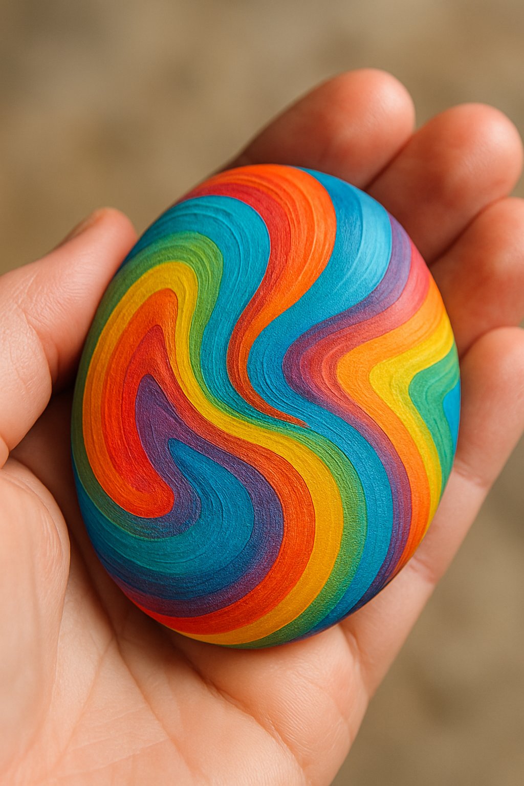 A hand holding a smooth painted river rock with colorful abstract swirls.