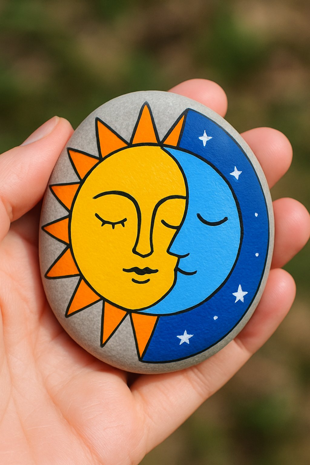 A hand holding a smooth river rock painted with sun and moon designs.