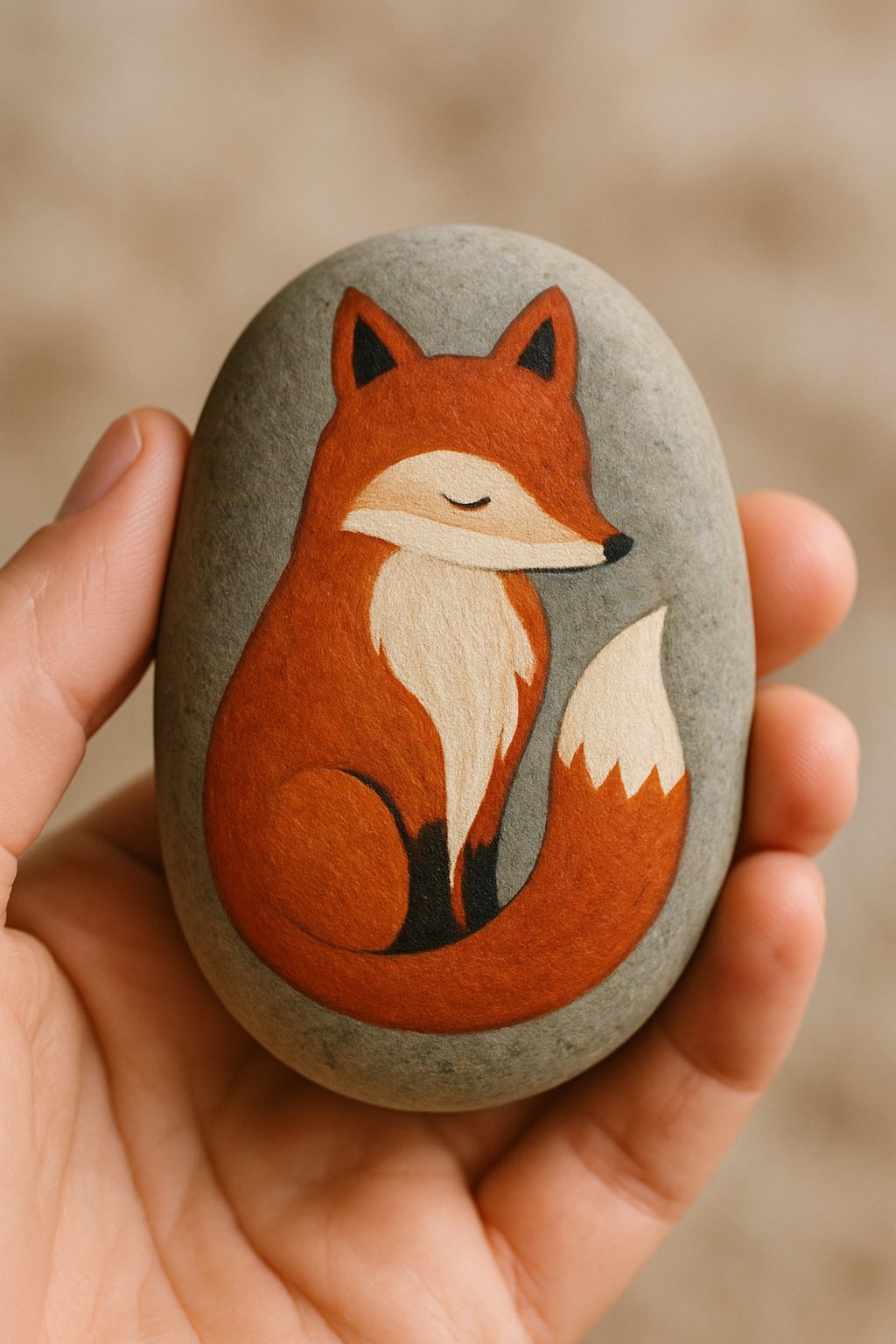 A hand holding a smooth river rock painted with a woodland creature design.