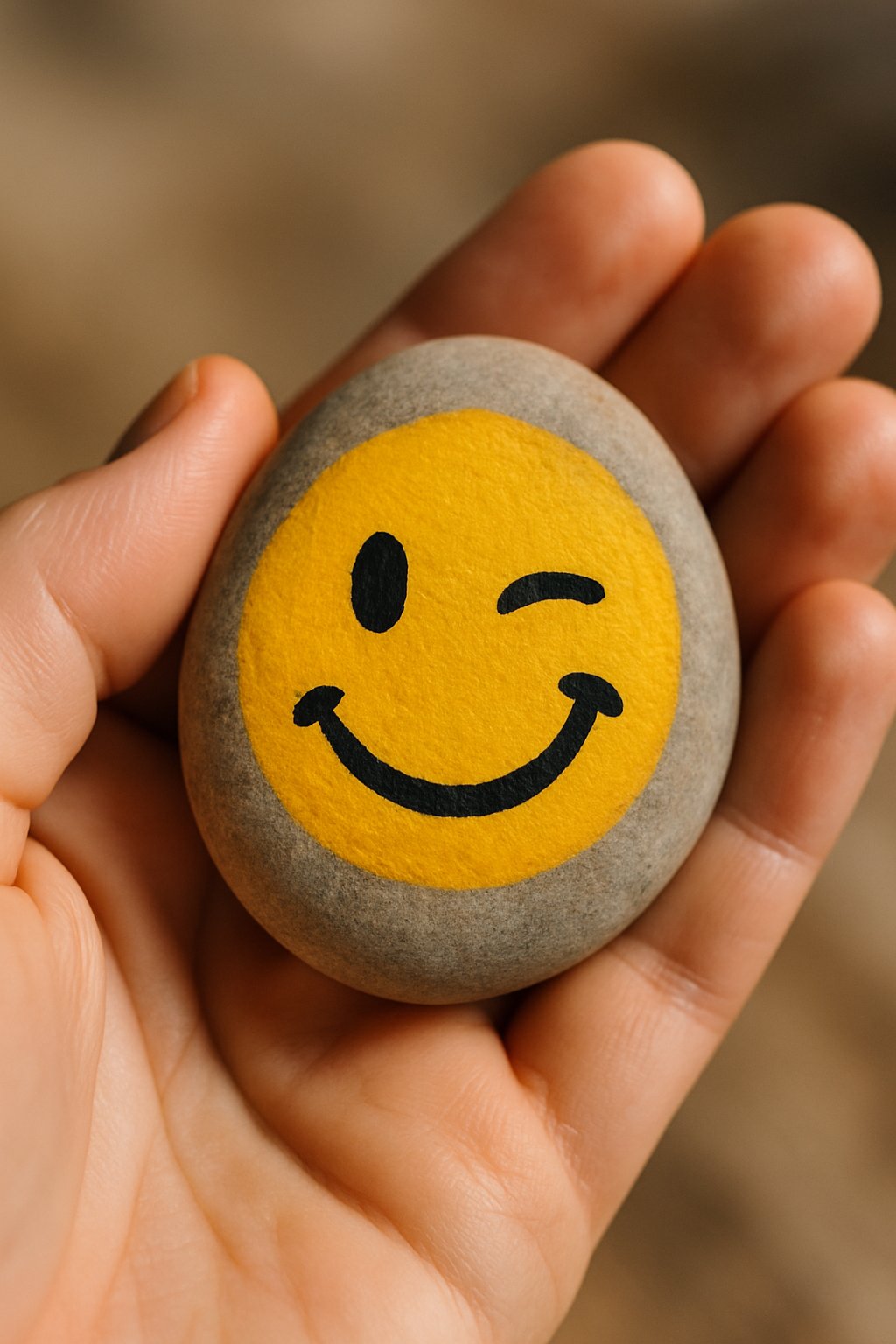 A hand holding a smooth river rock painted with a colorful emoji face.