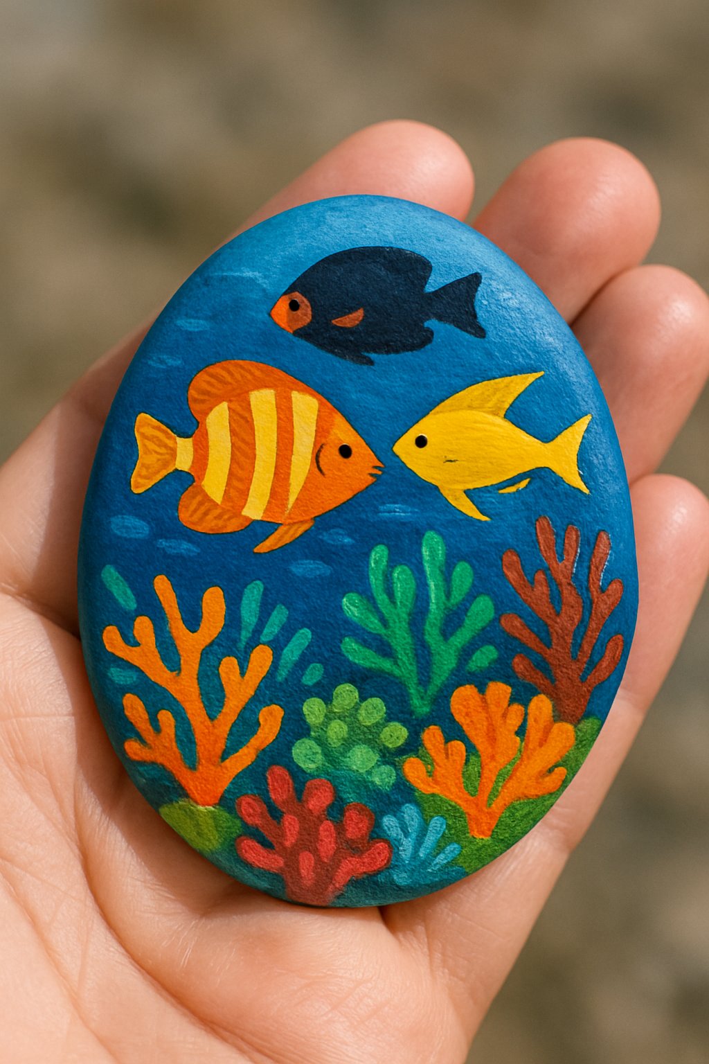 A hand holding a smooth rock painted with an underwater scene of fish and coral.