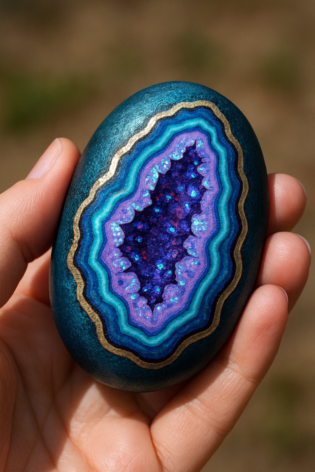 A hand holding a smooth painted rock with metallic geode-like patterns.