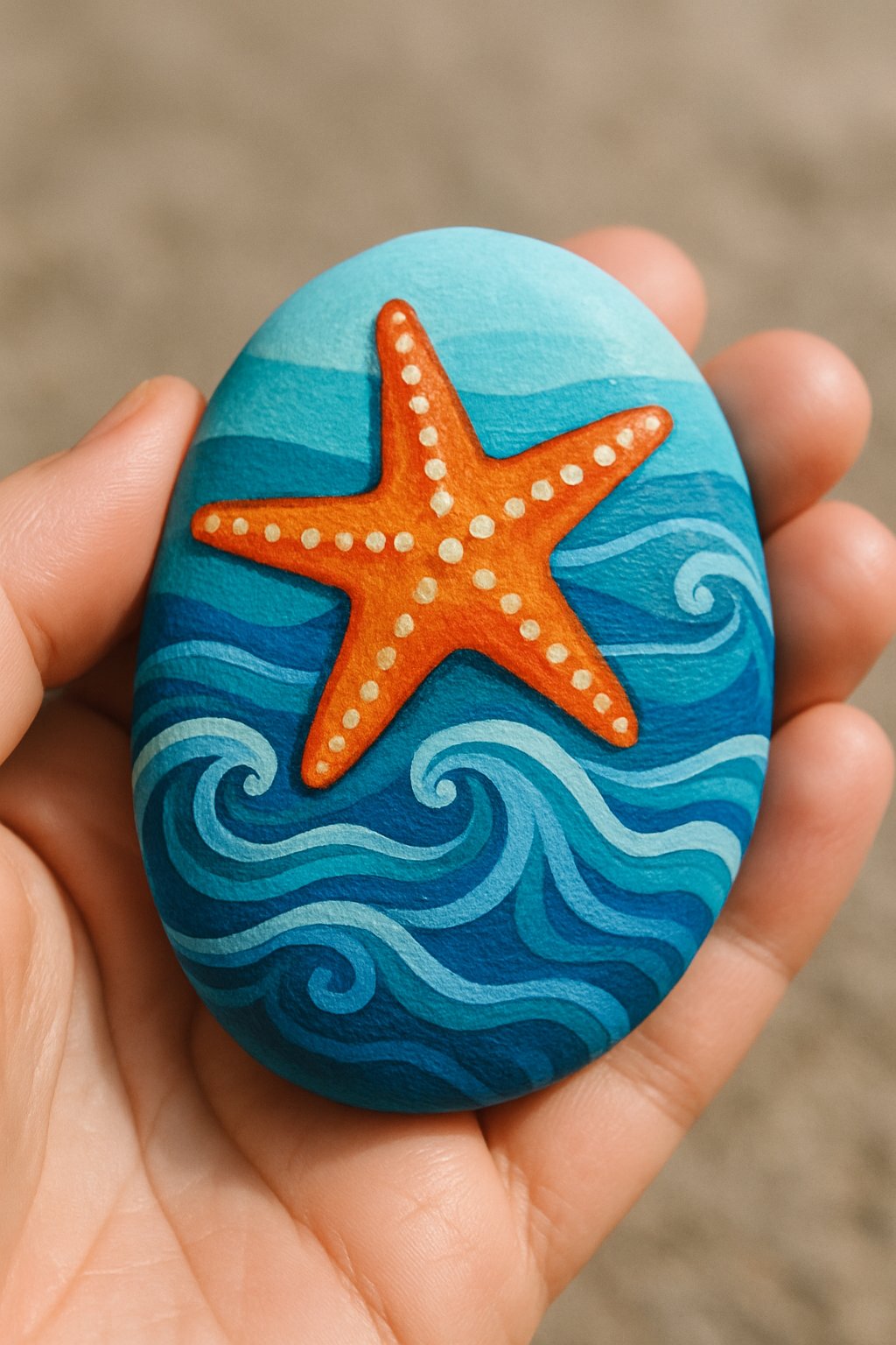 A hand holding a smooth river rock painted with a starfish and ocean waves design.