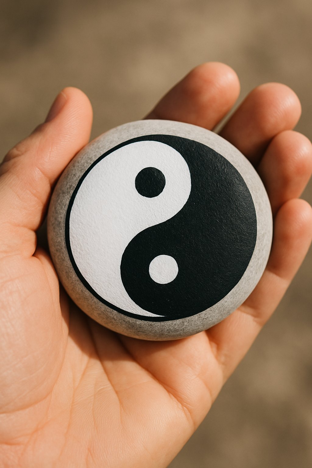 A hand holding a smooth round rock painted with a black and white Yin and Yang symbol.