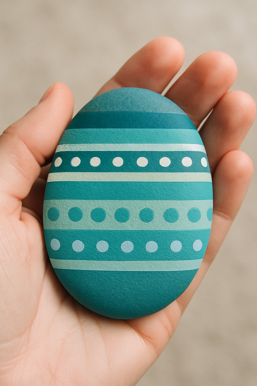A hand holding a smooth river rock painted with stripes and dots.