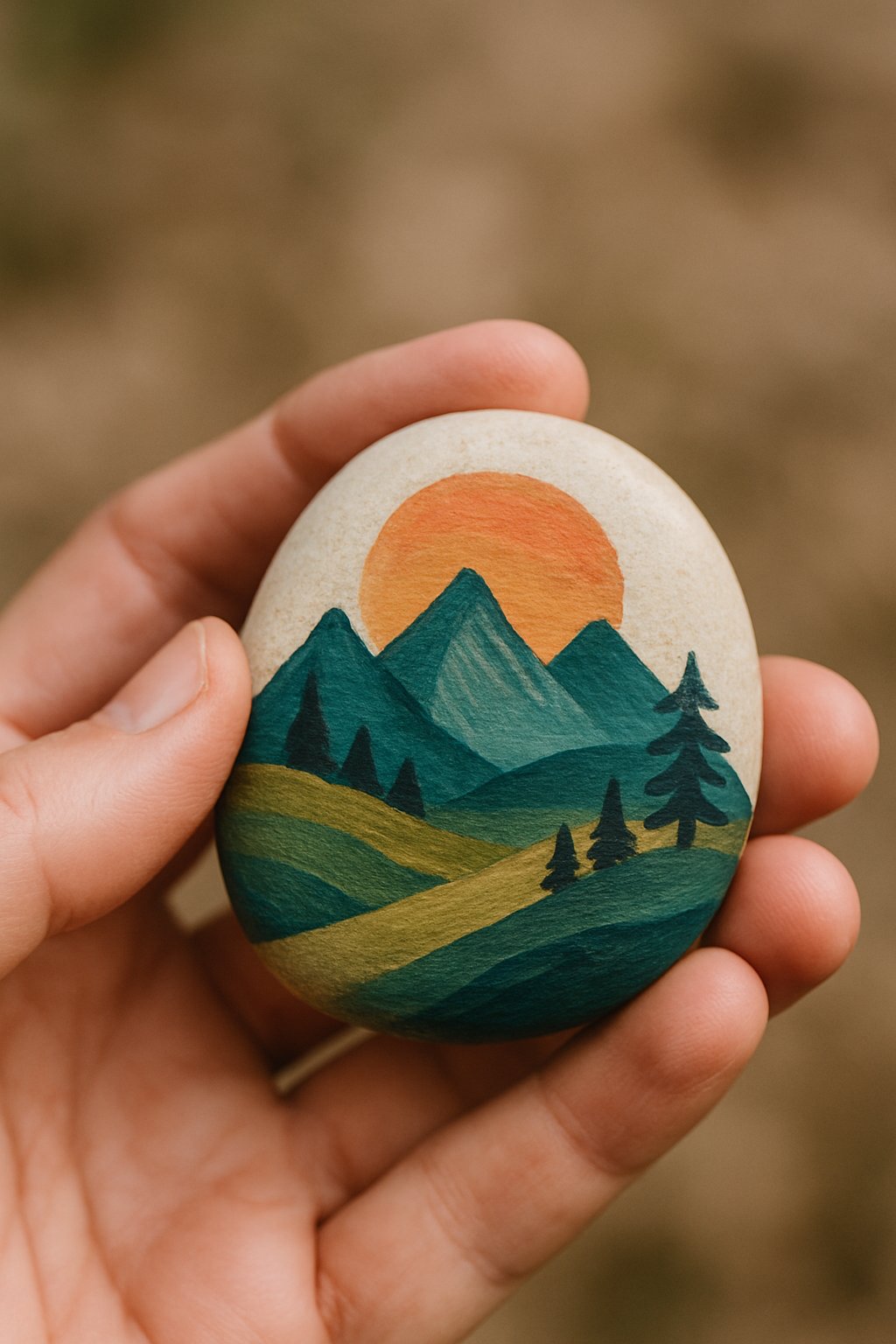 A hand holding a smooth river rock with a small painted landscape on it.