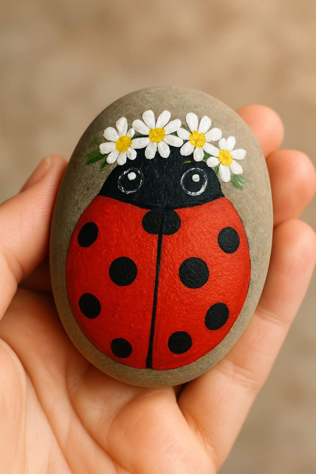 A hand holding a smooth river rock painted with a red ladybug and a white daisy crown.