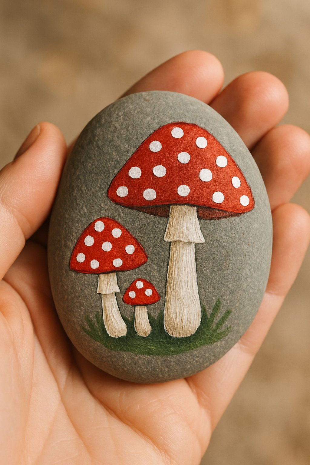 A hand holding a smooth river rock painted with red and white polka dot mushrooms.