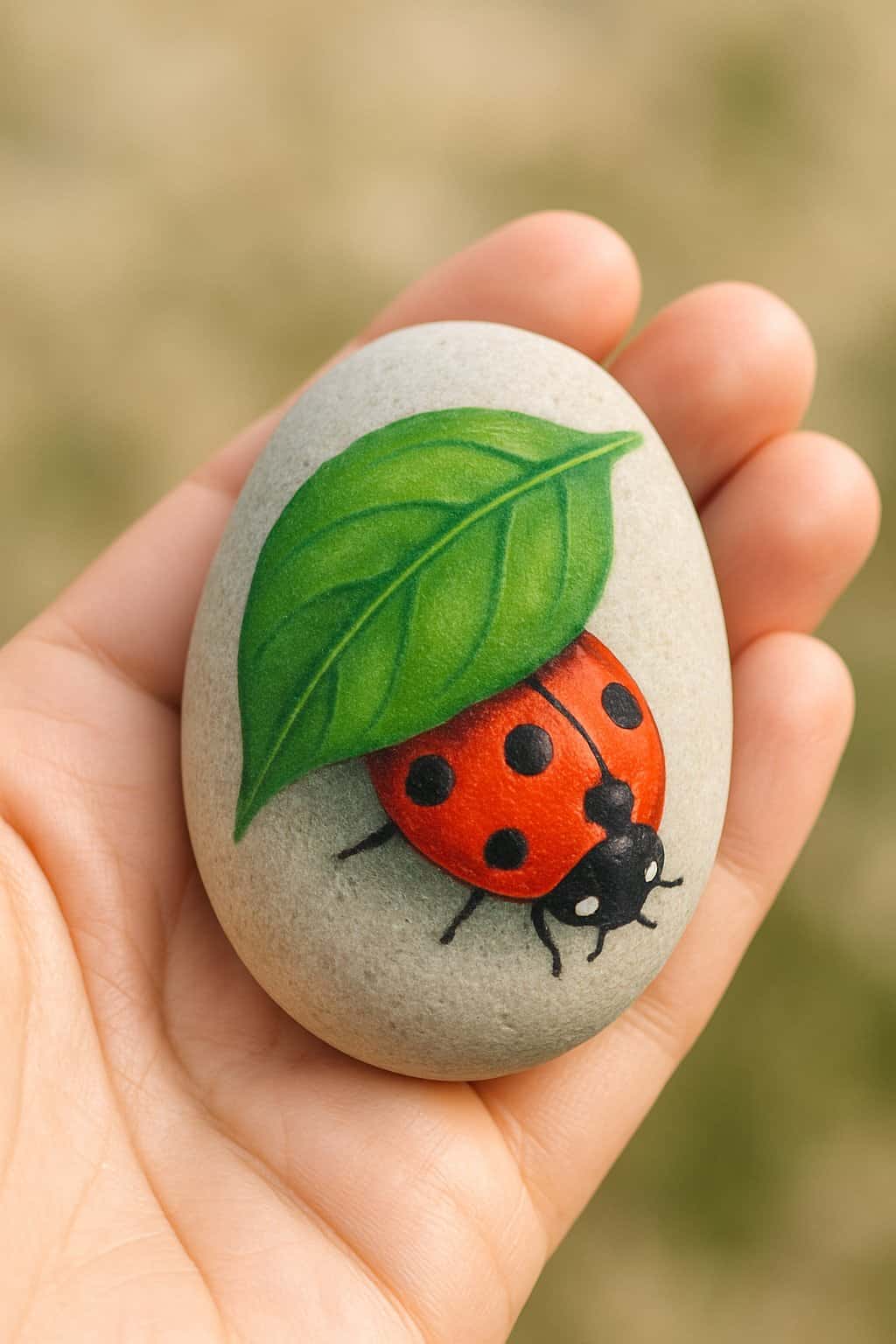 A hand holding a smooth river rock painted with a red ladybug hiding under a green leaf.