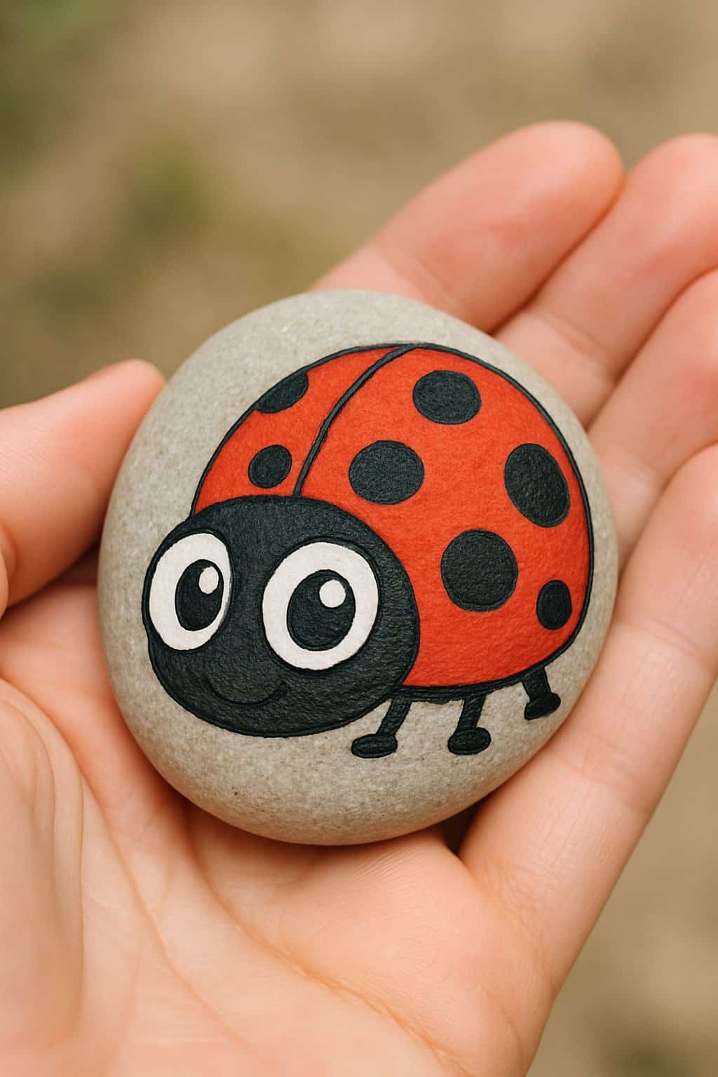 A hand holding a smooth river rock painted with a cartoon ladybug featuring big eyes.