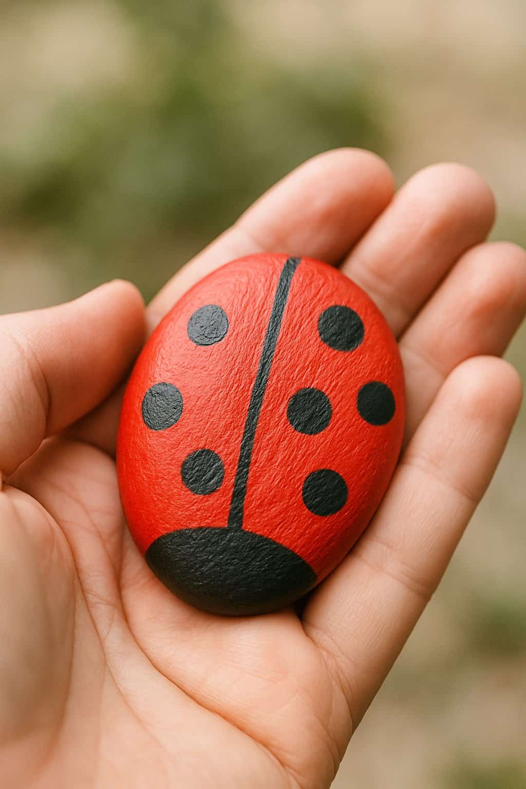A hand holding a smooth river rock painted to look like a ladybug shell.