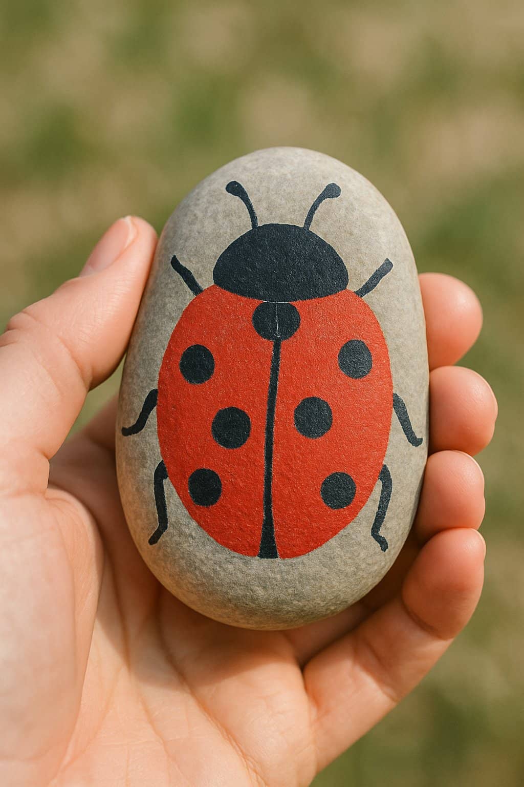 A hand holding a smooth river rock painted with a simple bug design.